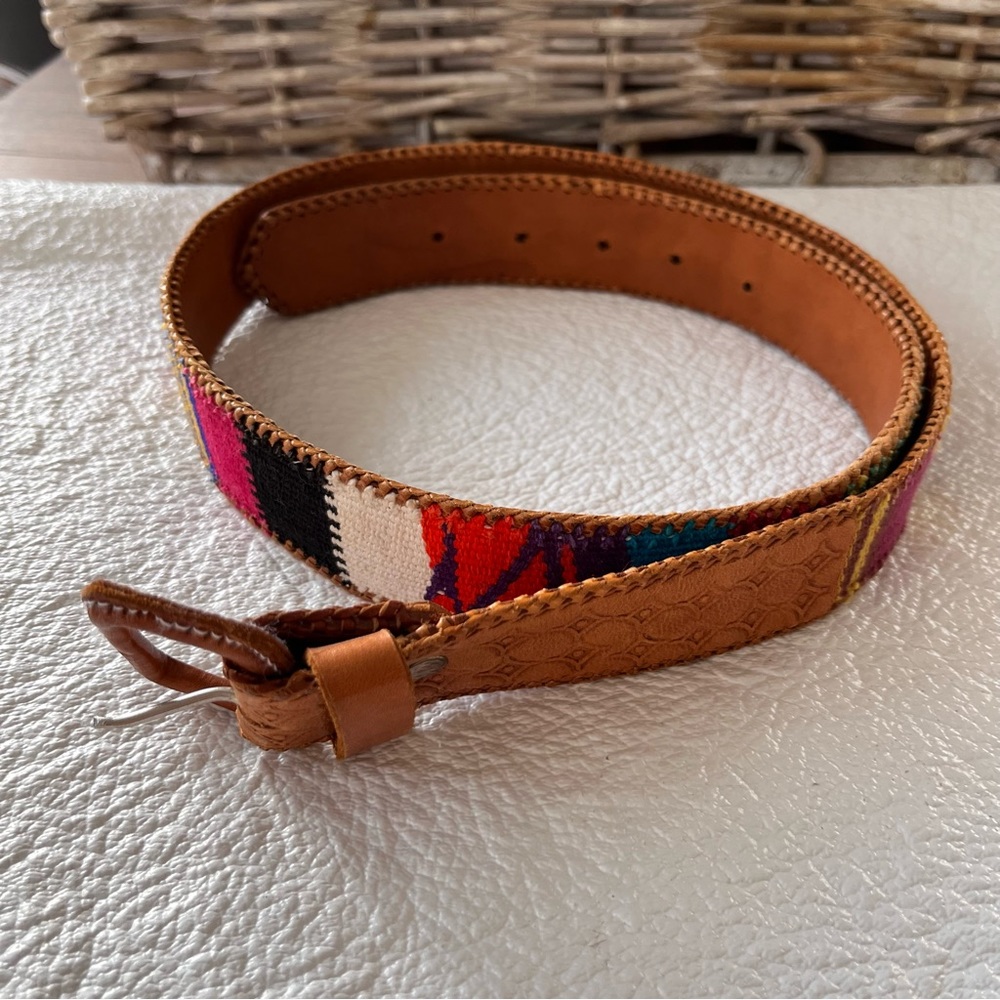 Belt made in Guatemala with weaved color blocks top of belt